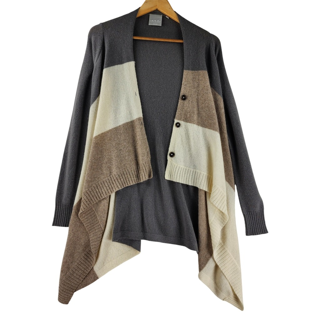 Sea‎ Cashmere 100% Cashmere Waterfall Cardigan Gray Taupe Cream Draped Front XS